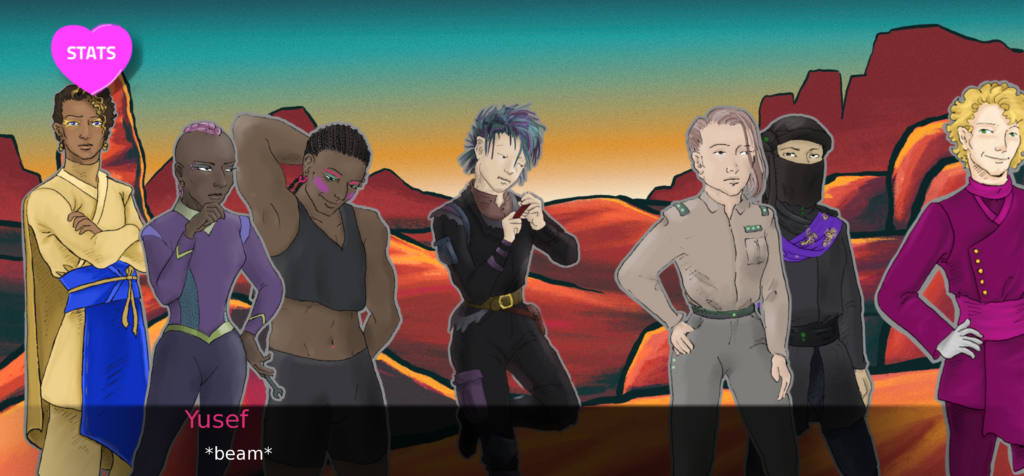 Seven characters in various poses against a desert backdrop. 
